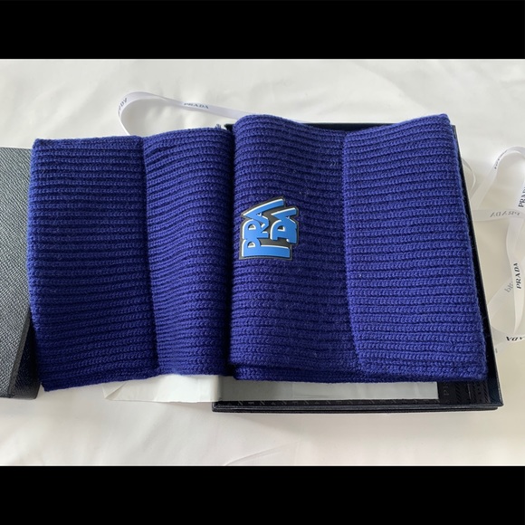 Prada Blue Logo- embroidered Wool Scarf - Picture 9 of 15